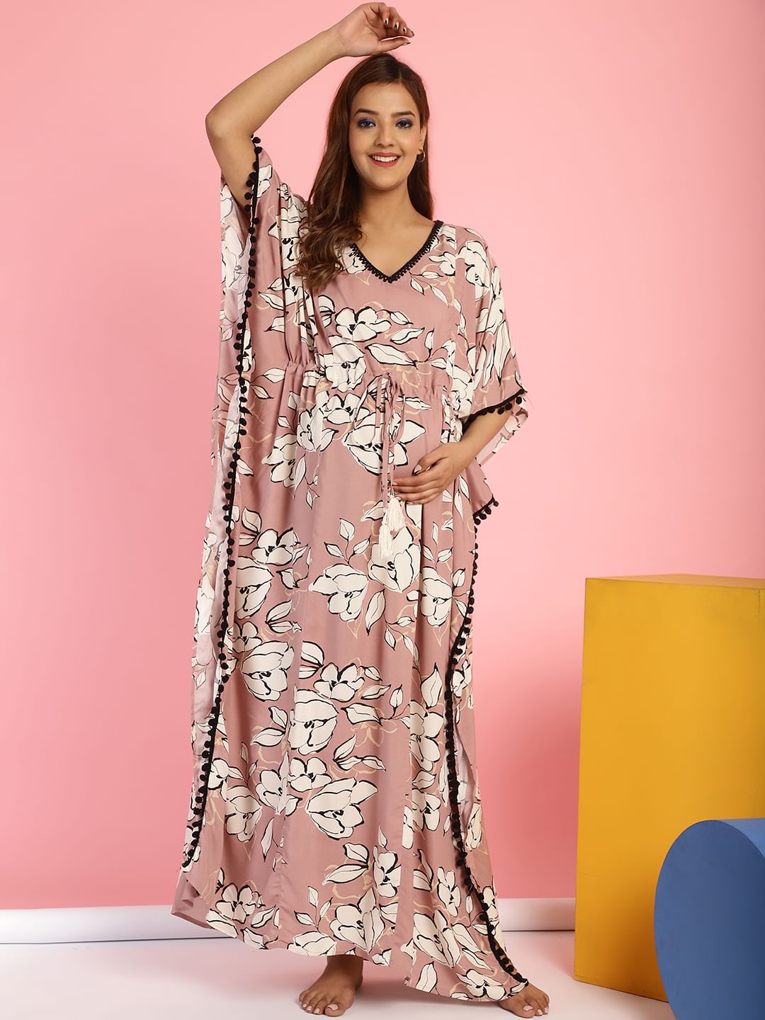 Rayon Floral Peach Maternity Feeding Kaftan