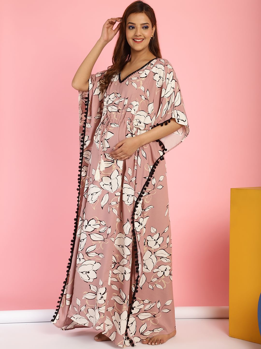 Rayon Floral Peach Maternity Feeding Kaftan