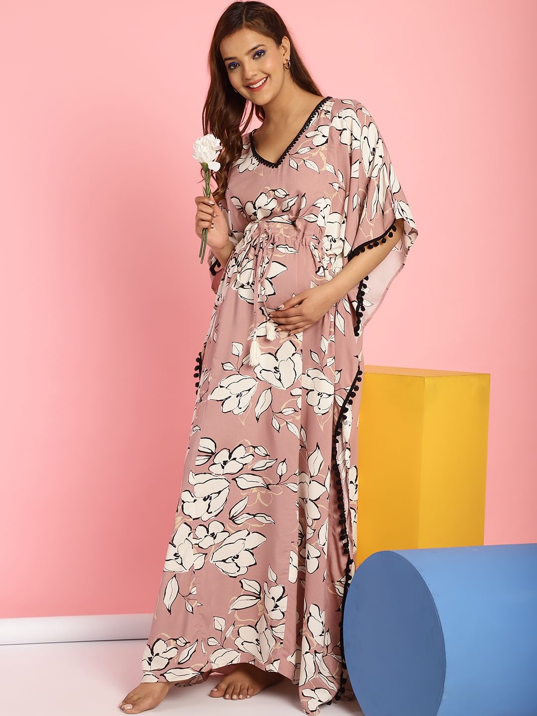 Rayon Floral Peach Maternity Feeding Kaftan
