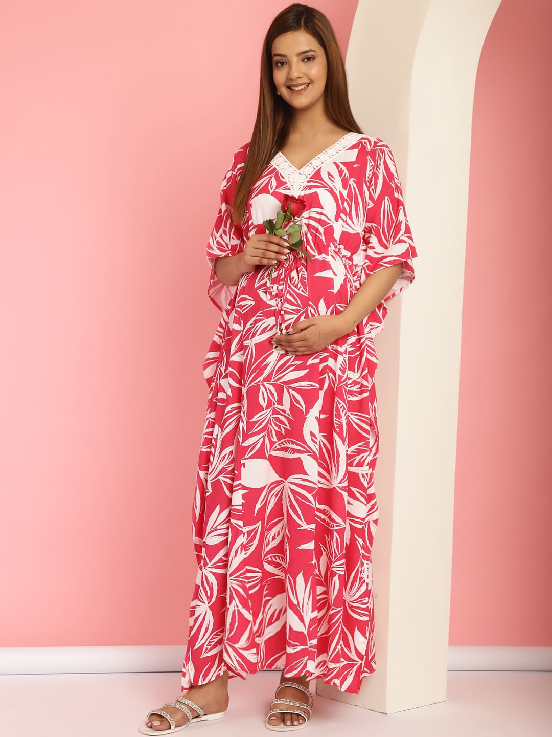 Rayon Floral Pink Maternity Feeding Kaftan