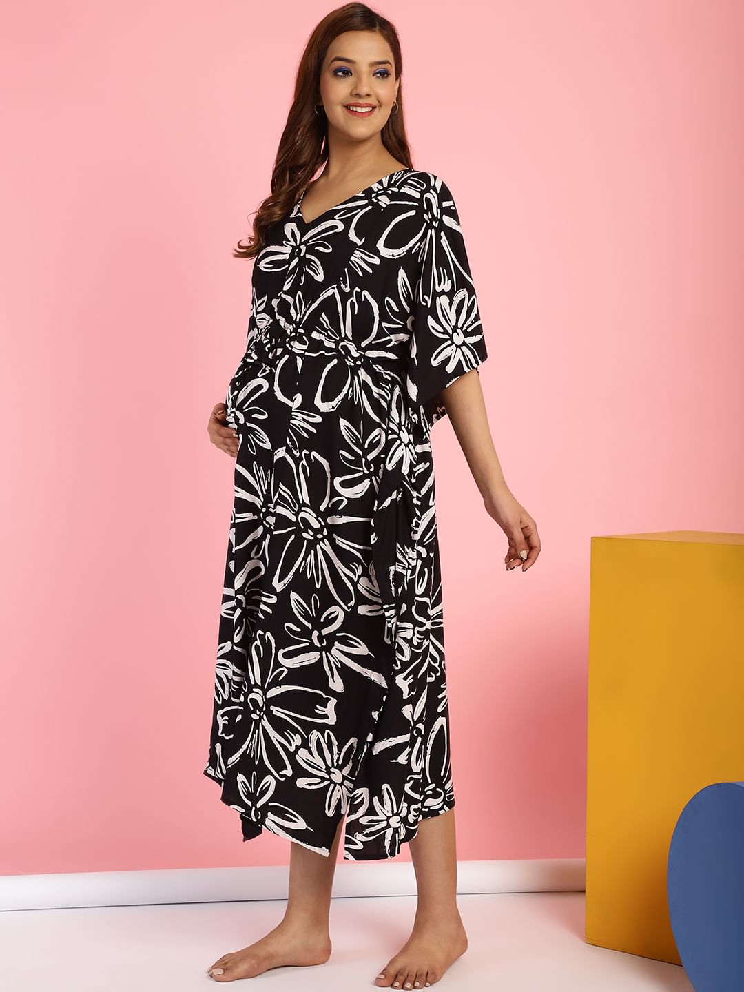 Rayon Floral Black Maternity Feeding Kaftan