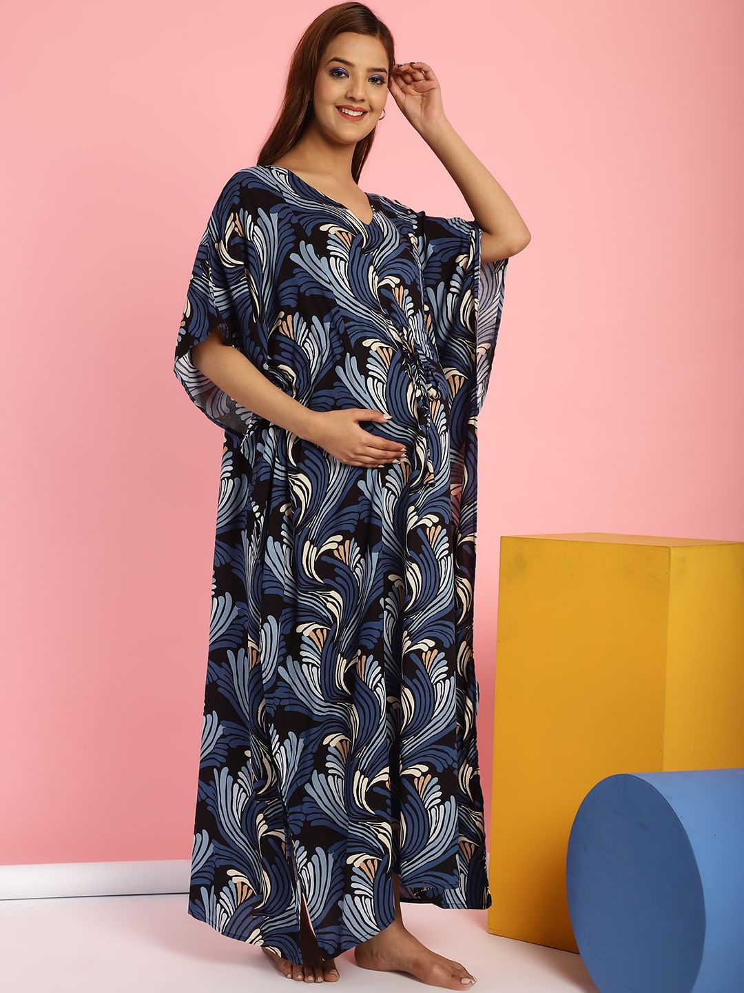 Rayon Floral Blue Maternity Feeding Kaftan