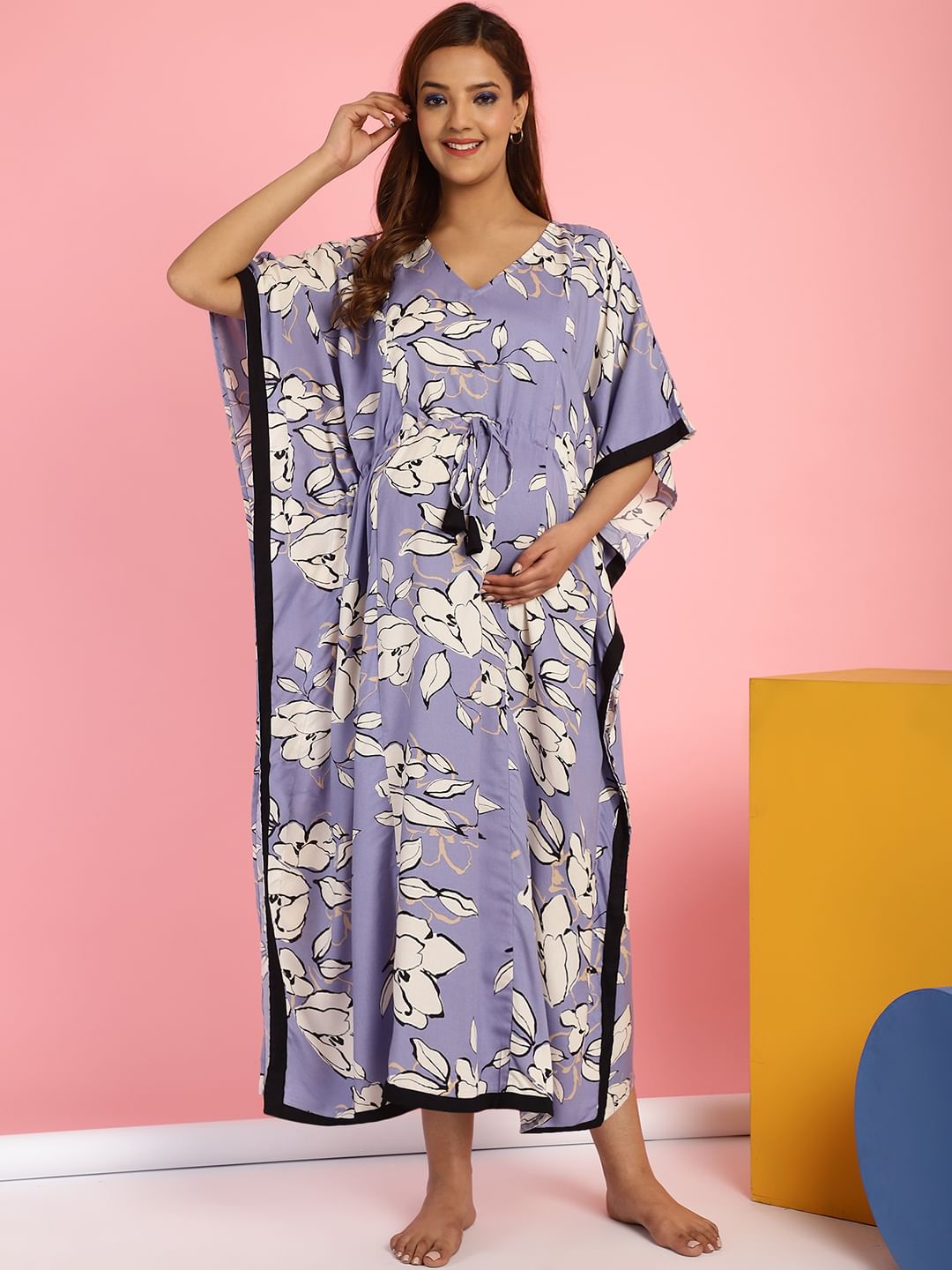 Rayon Floral Lilac Maternity Feeding Kaftan