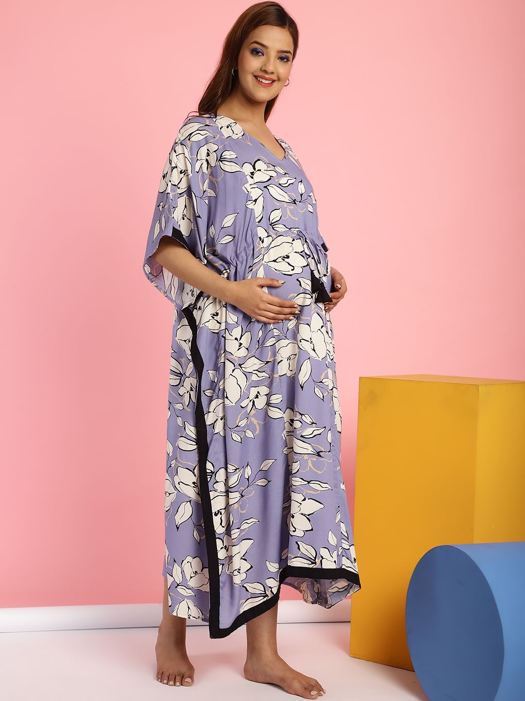 Rayon Floral Lilac Maternity Feeding Kaftan