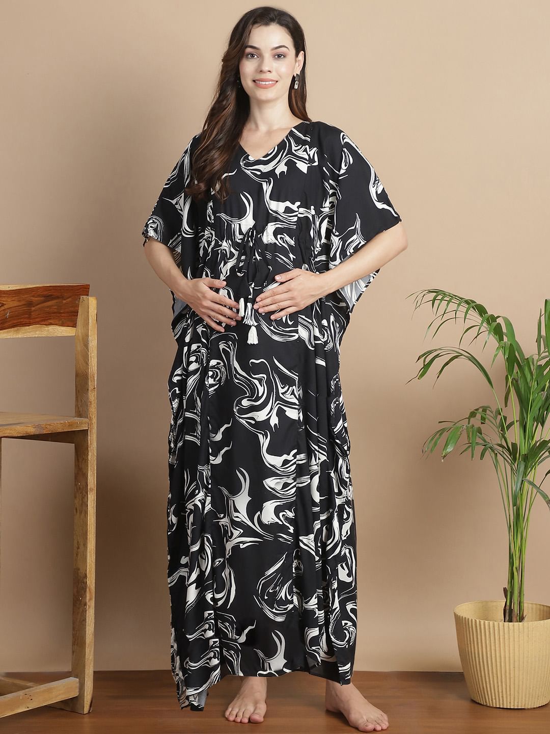 Black Abstract Rayon Maternity Kaftan