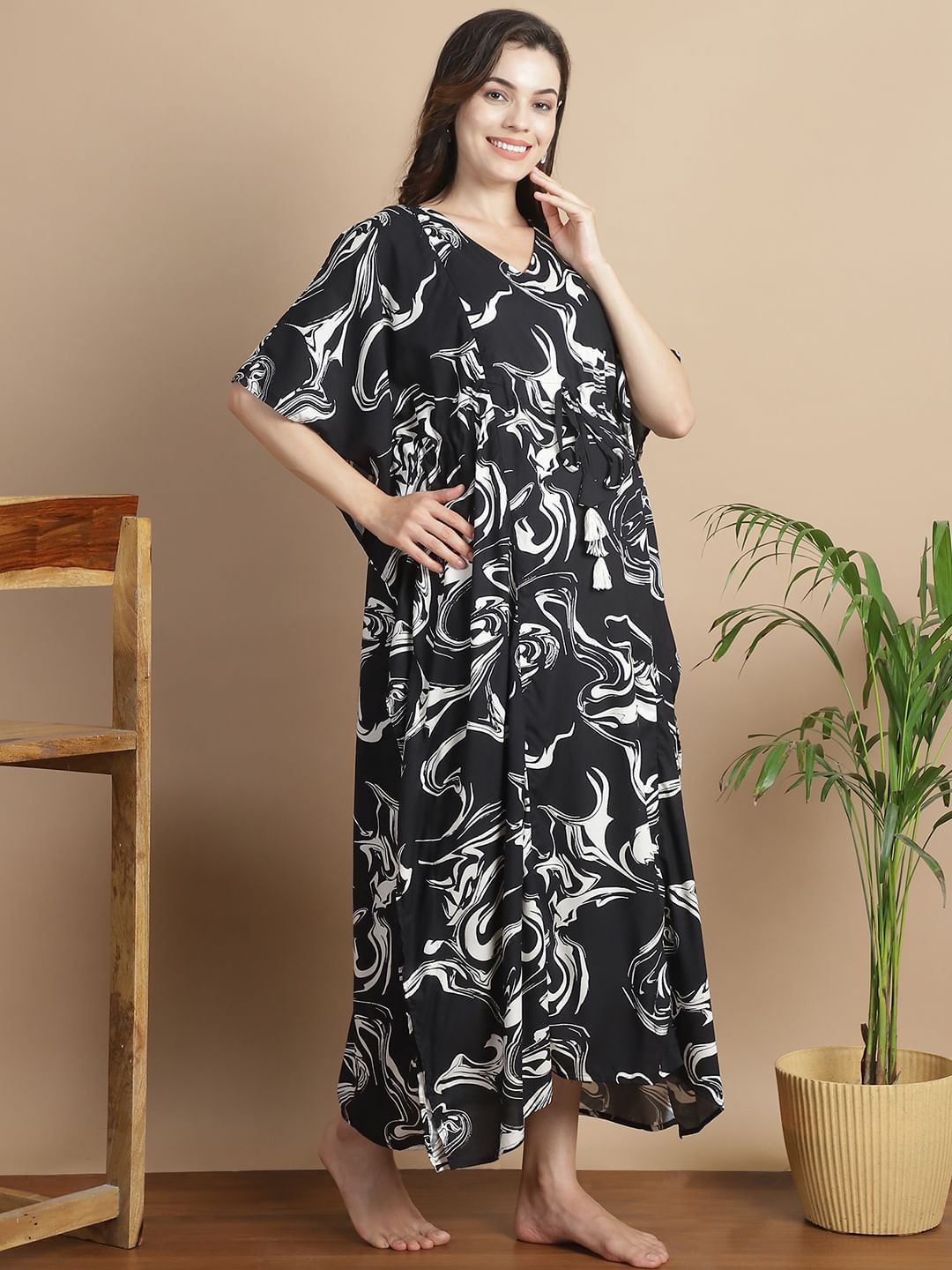 Black Abstract Rayon Maternity Kaftan