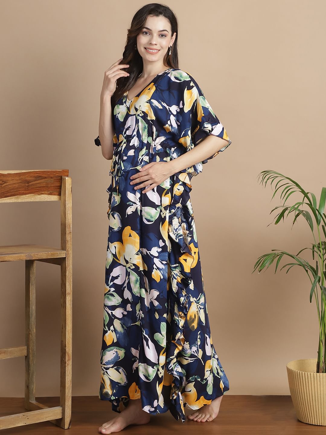 Navy Blue Floral Rayon Maternity Kaftan