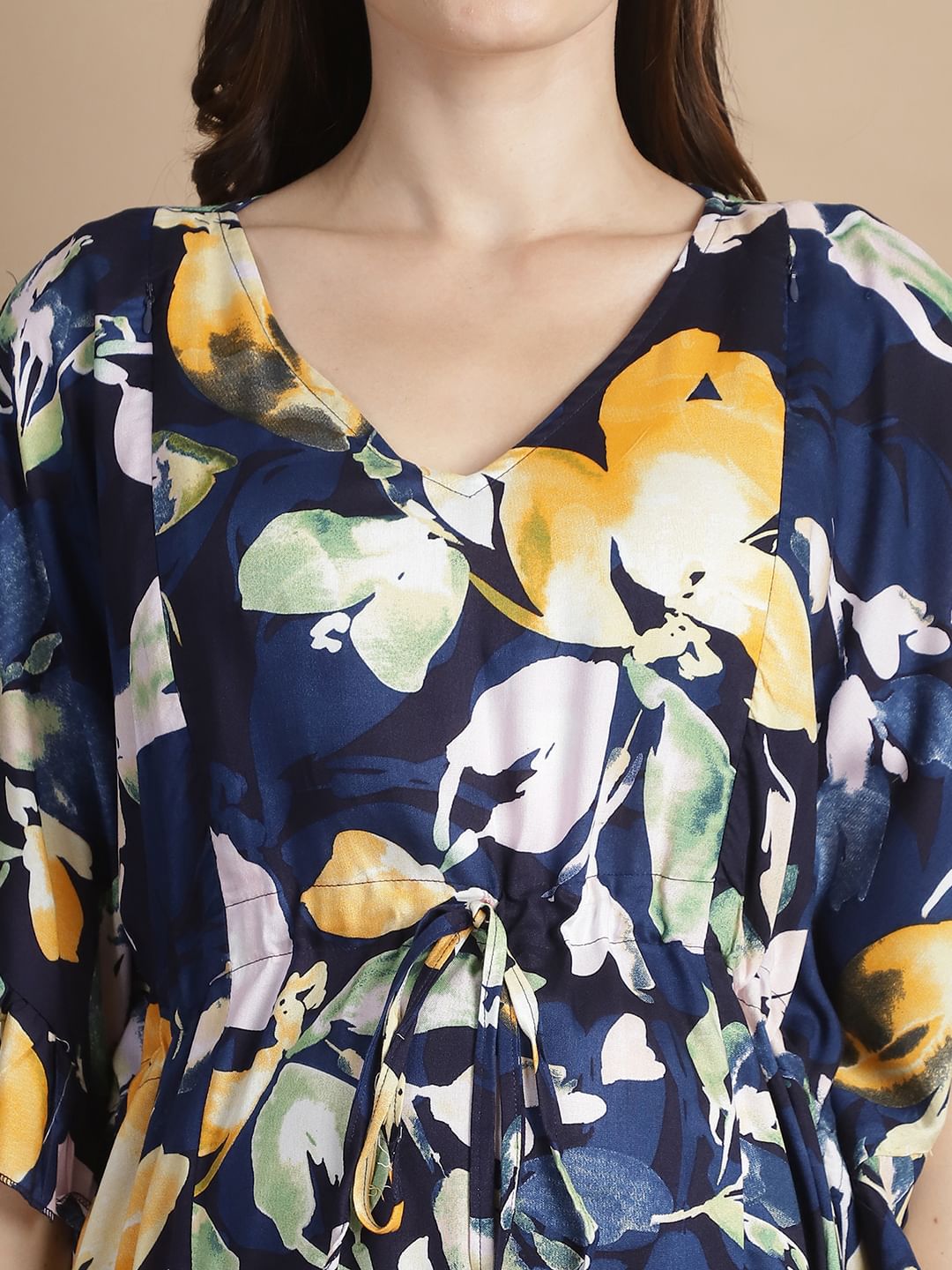 Navy Blue Floral Rayon Maternity Kaftan