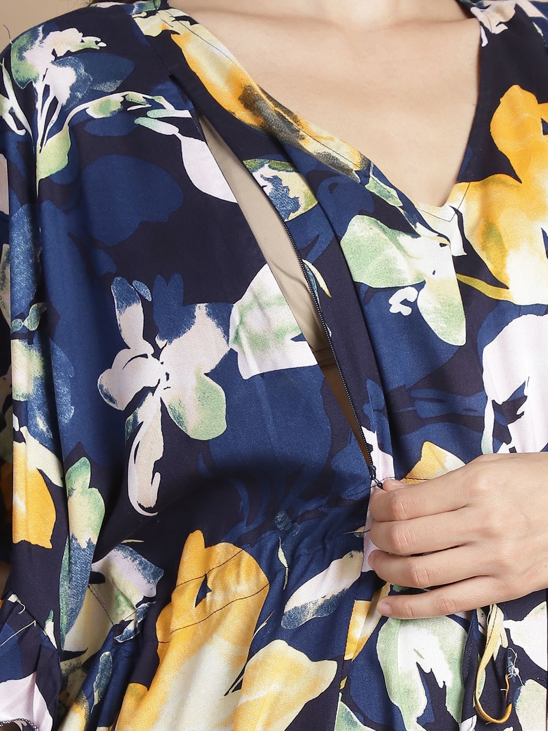Navy Blue Floral Rayon Maternity Kaftan