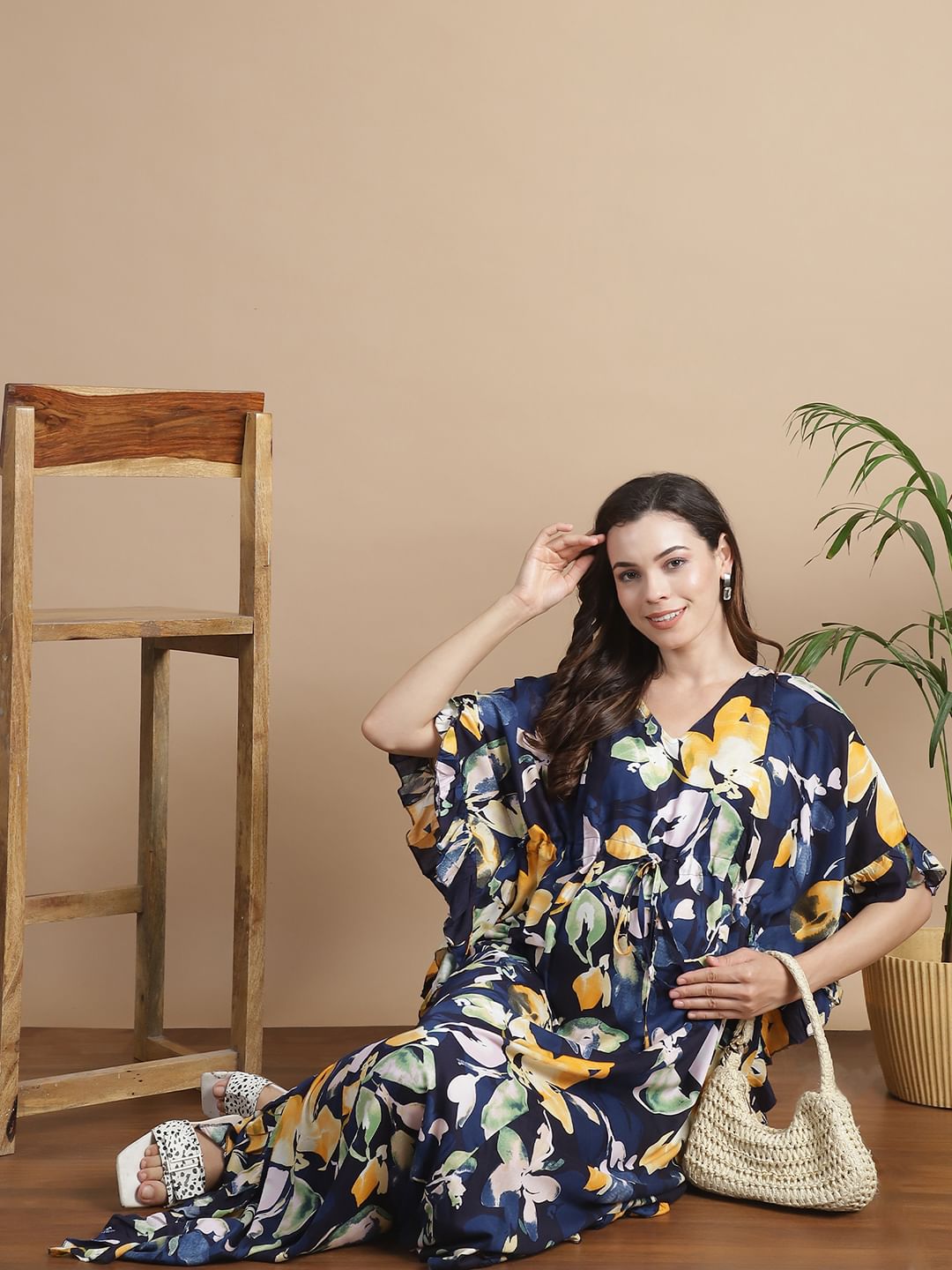 Navy Blue Floral Rayon Maternity Kaftan