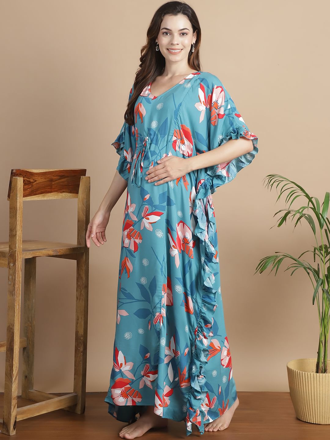 Turquoise Blue Floral Rayon Maternity Kaftan