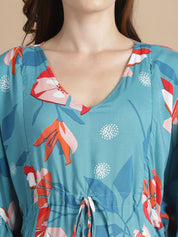 Turquoise Blue Floral Rayon Maternity Kaftan