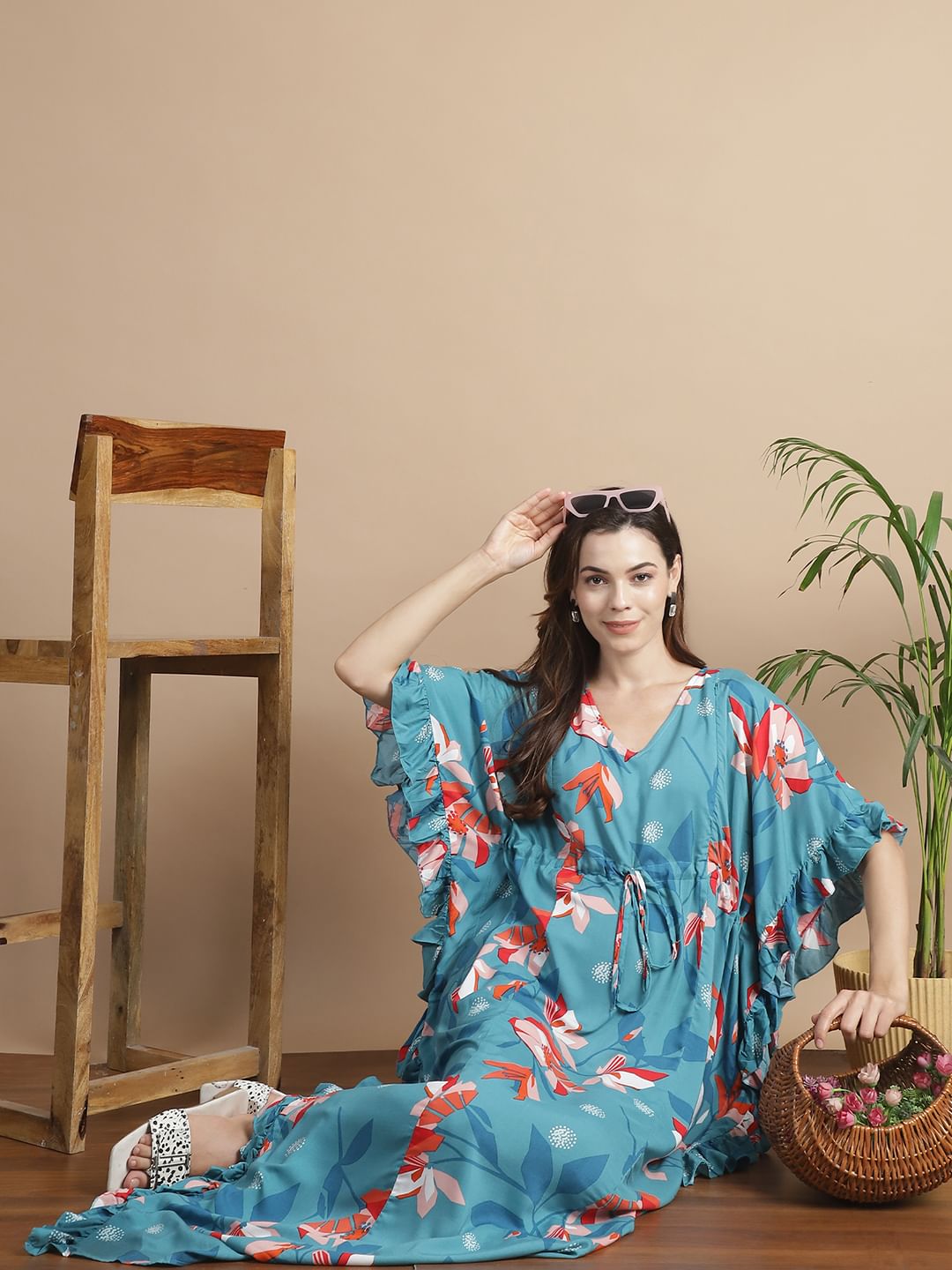 Turquoise Blue Floral Rayon Maternity Kaftan