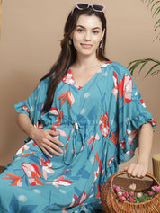 Turquoise Blue Floral Rayon Maternity Kaftan
