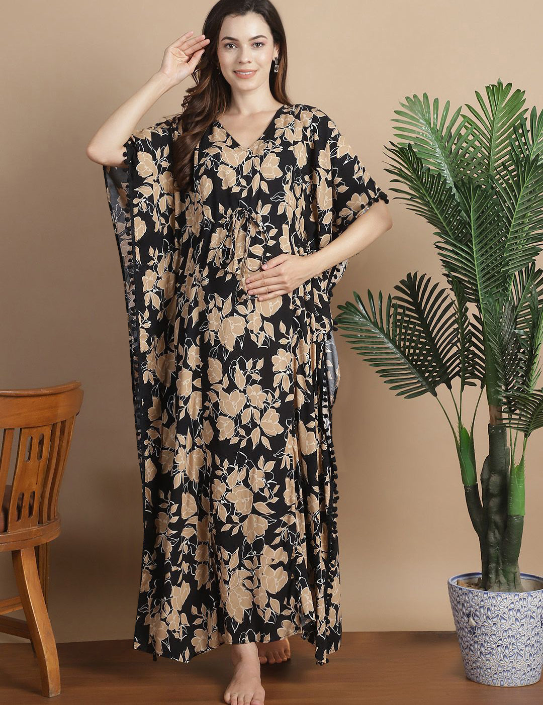 Black & Golden Floral Rayon Maternity Kaftan