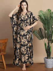 Black & Golden Floral Rayon Maternity Kaftan