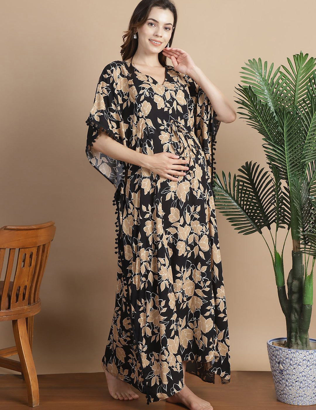 Black & Golden Floral Rayon Maternity Kaftan