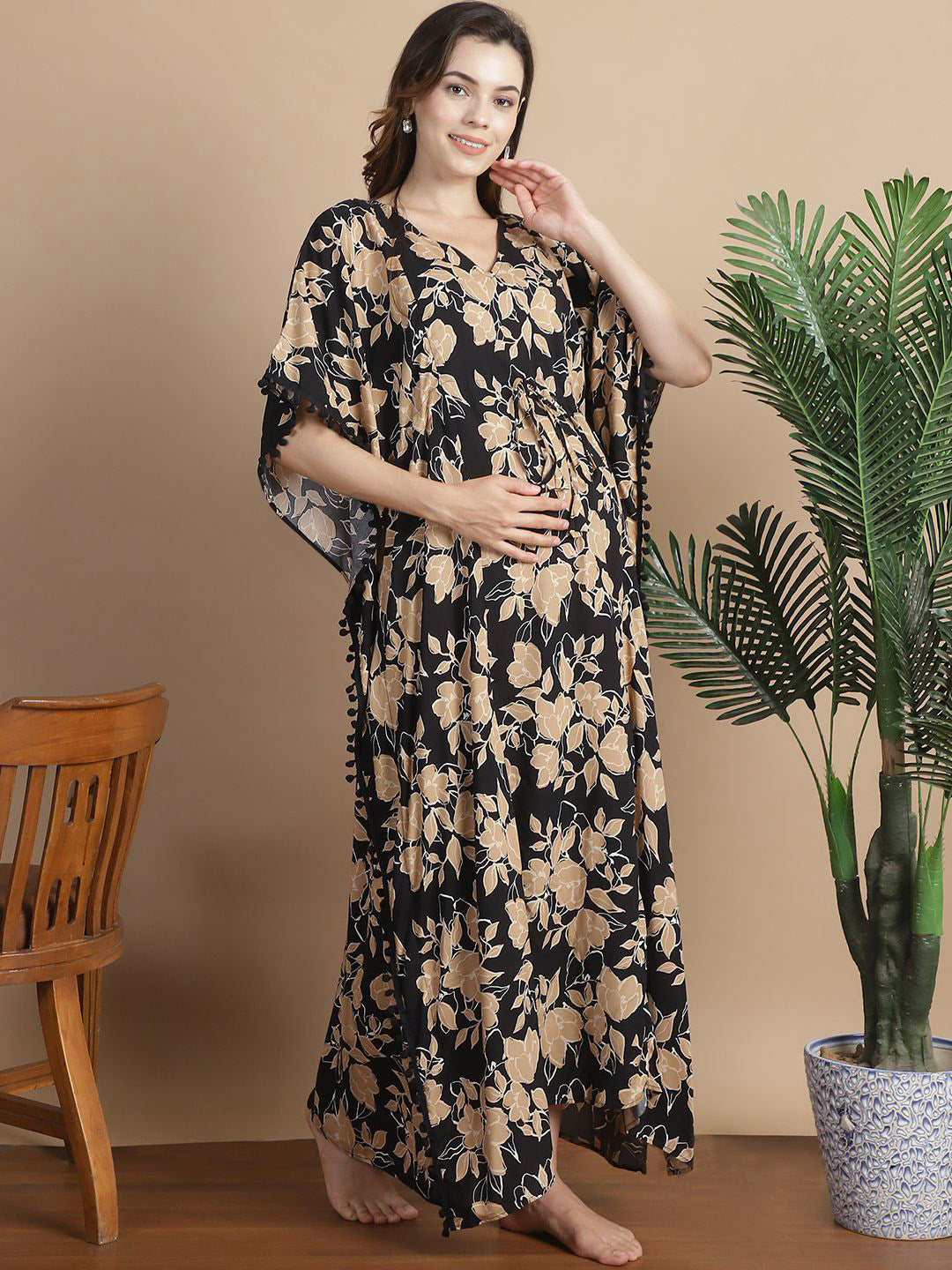 Black & Golden Floral Rayon Maternity Kaftan