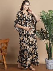 Black & Golden Floral Rayon Maternity Kaftan