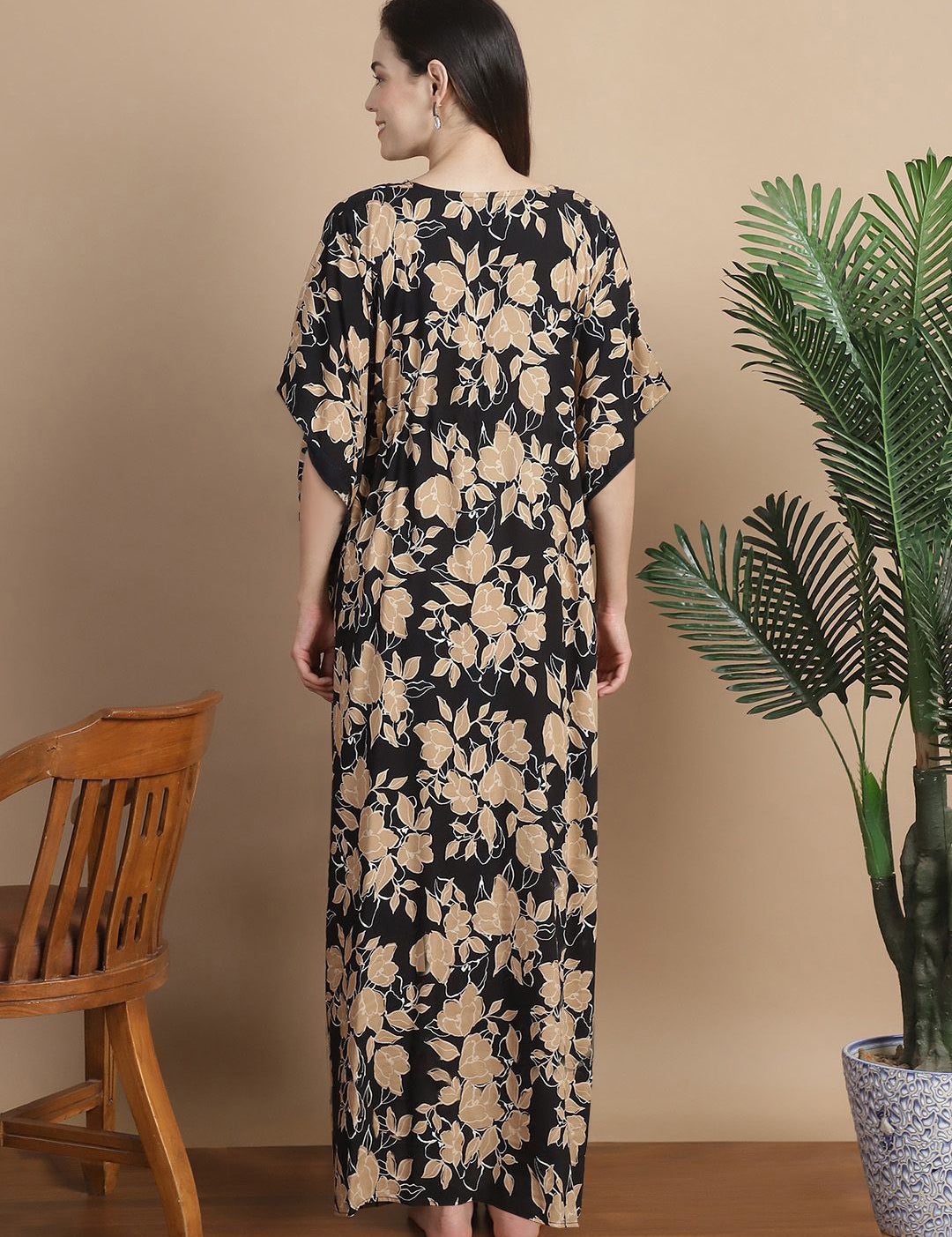 Black & Golden Floral Rayon Maternity Kaftan
