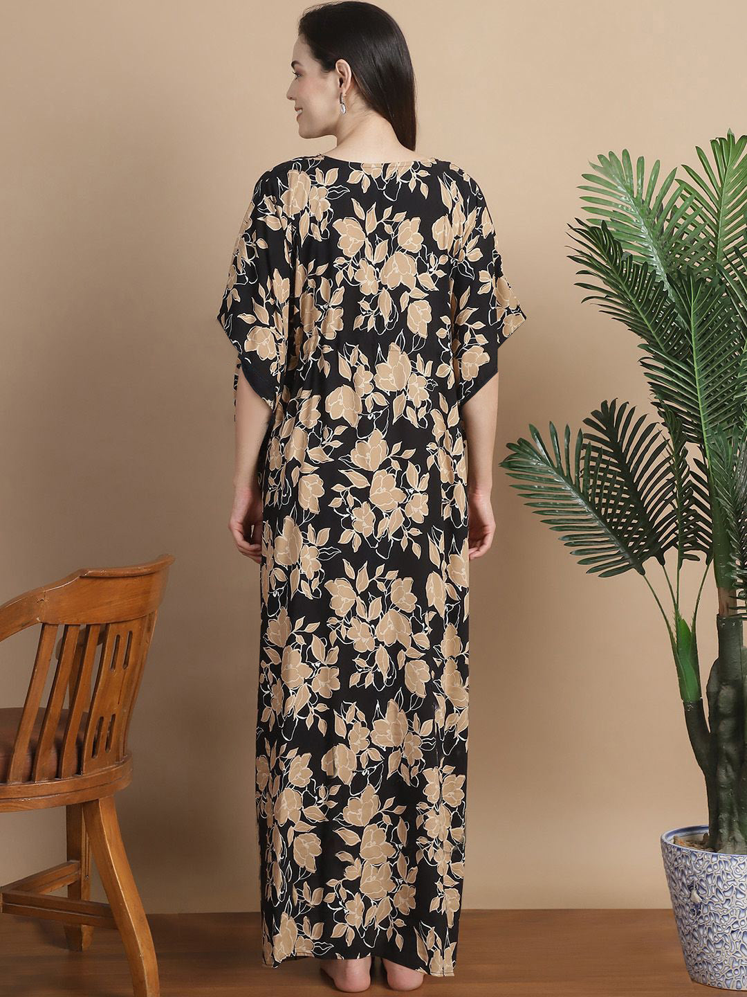 Black & Golden Floral Rayon Maternity Kaftan
