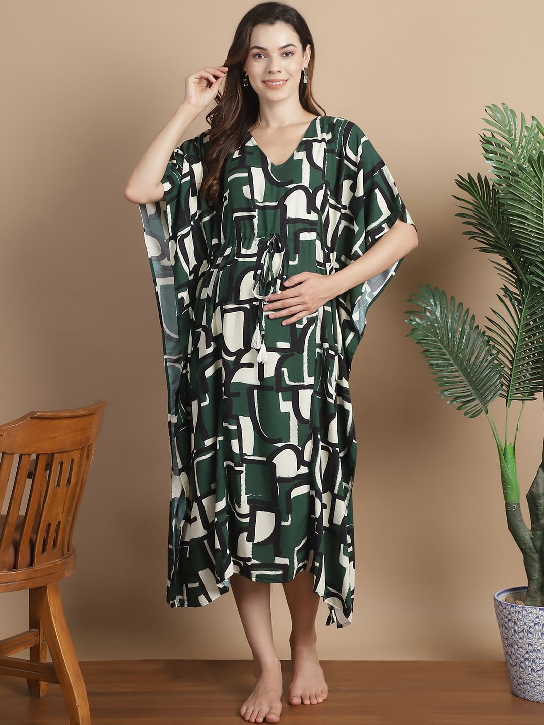Green Geometric  Short Maternity Kaftan