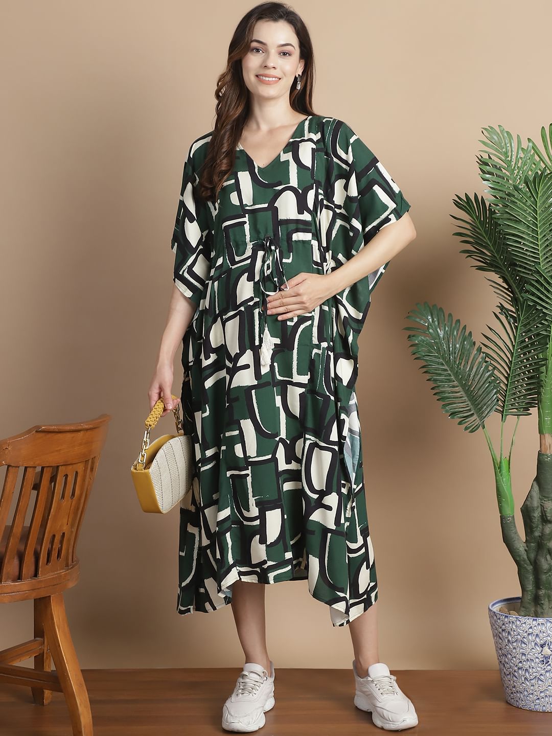 Green Geometric  Short Maternity Kaftan