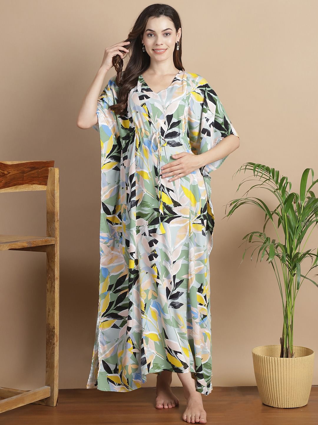 Sea Green Floral Rayon Maternity Kaftan
