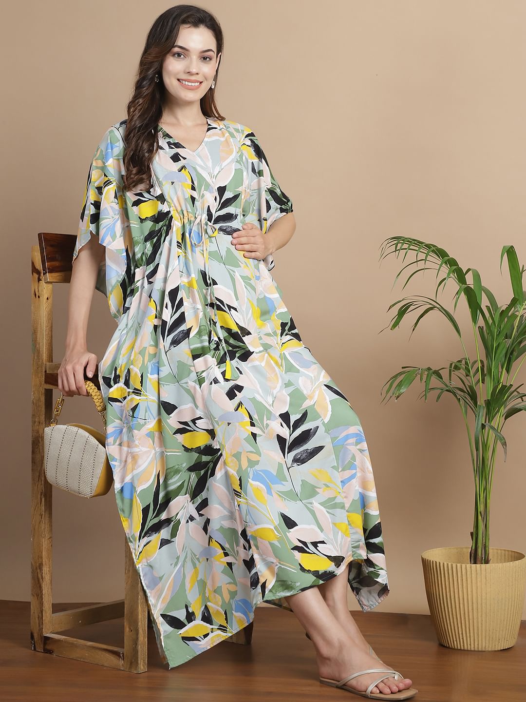 Sea Green Floral Rayon Maternity Kaftan