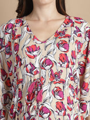 Beige Floral Short Maternity Kaftan