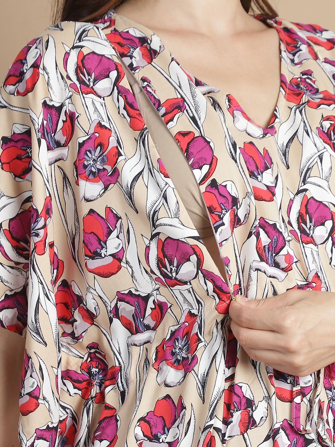 Beige Floral Short Maternity Kaftan