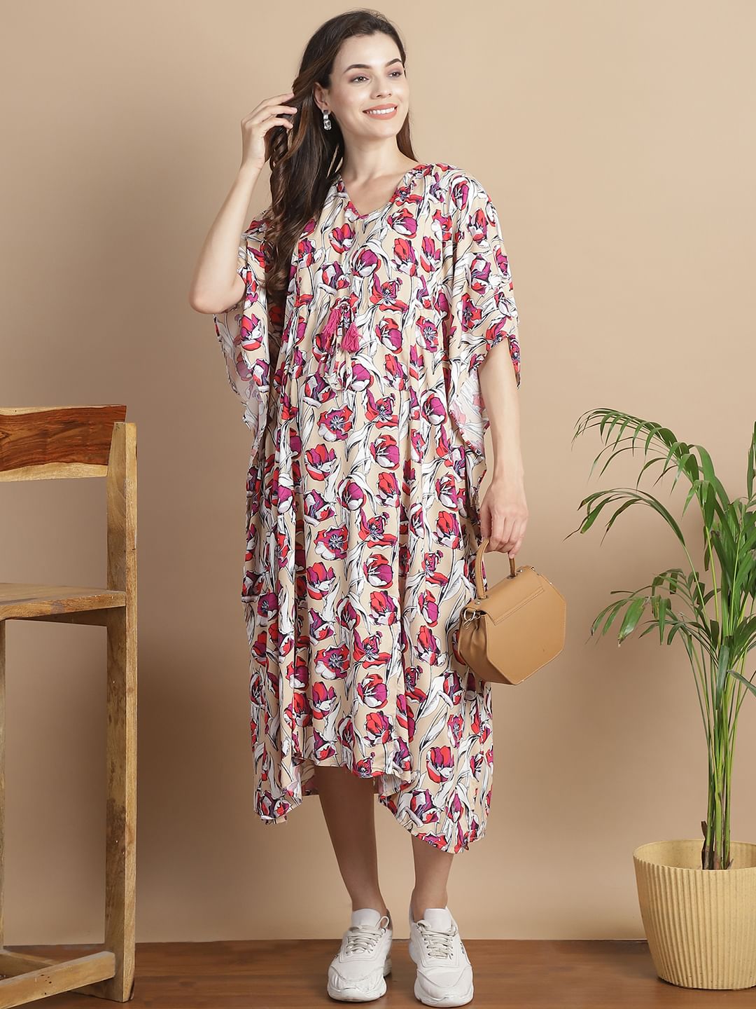 Beige Floral Short Maternity Kaftan