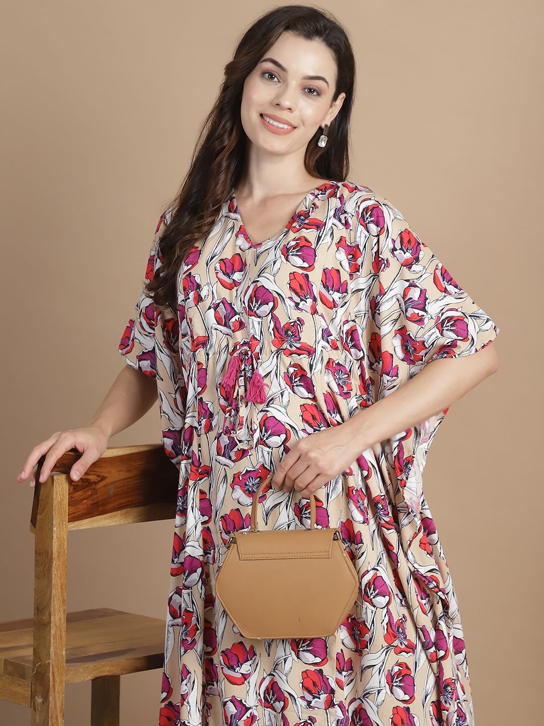 Beige Floral Short Maternity Kaftan