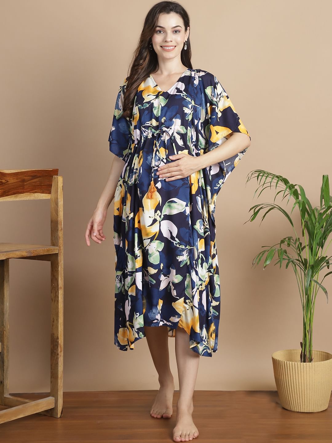 Navy Blue Floral Short Maternity Kaftan