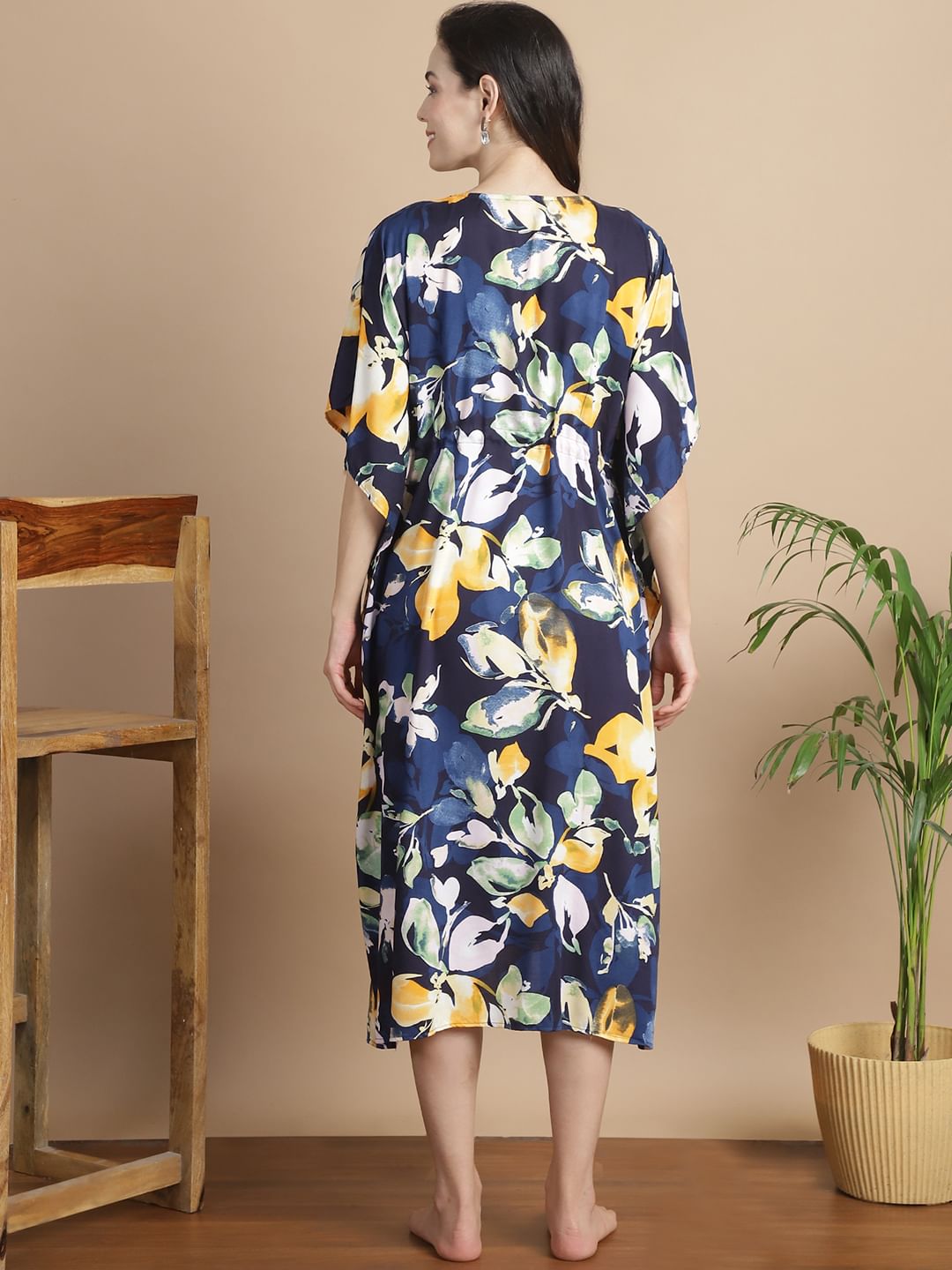 Navy Blue Floral Short Maternity Kaftan