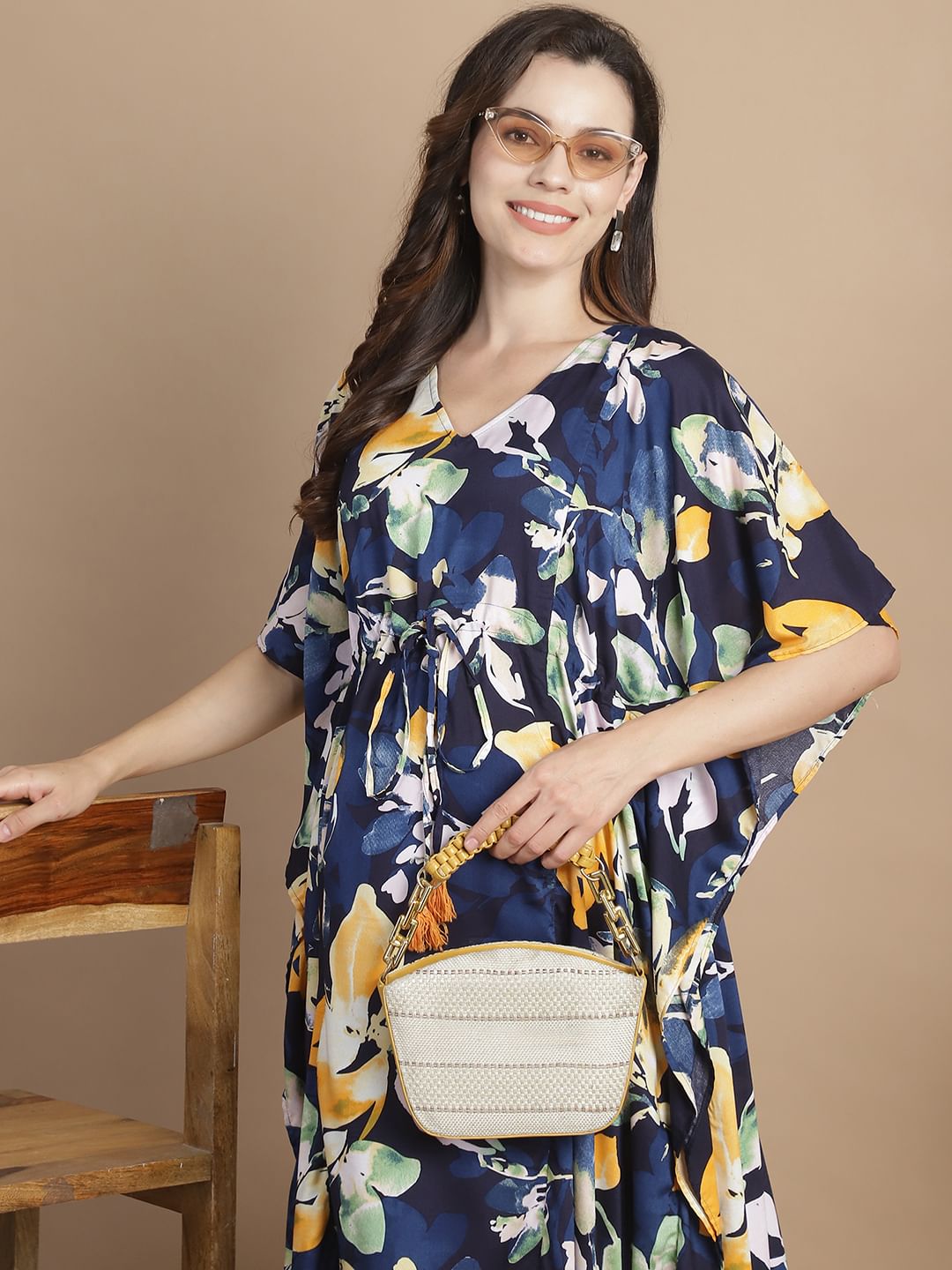 Navy Blue Floral Short Maternity Kaftan