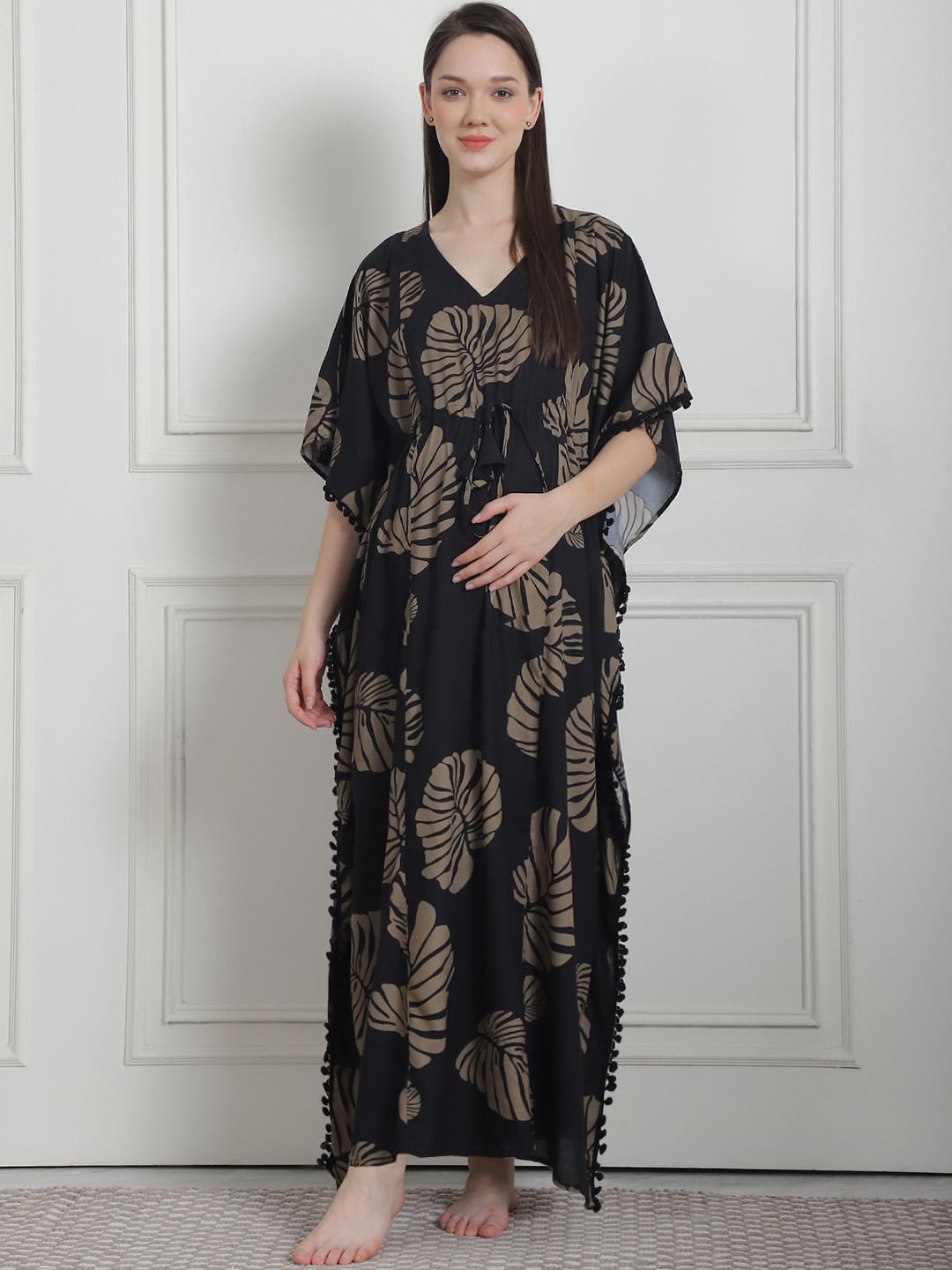 Floral Print Black Rayon Maternity Kaftan Nighty