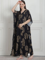 Floral Print Black Rayon Maternity Kaftan Nighty