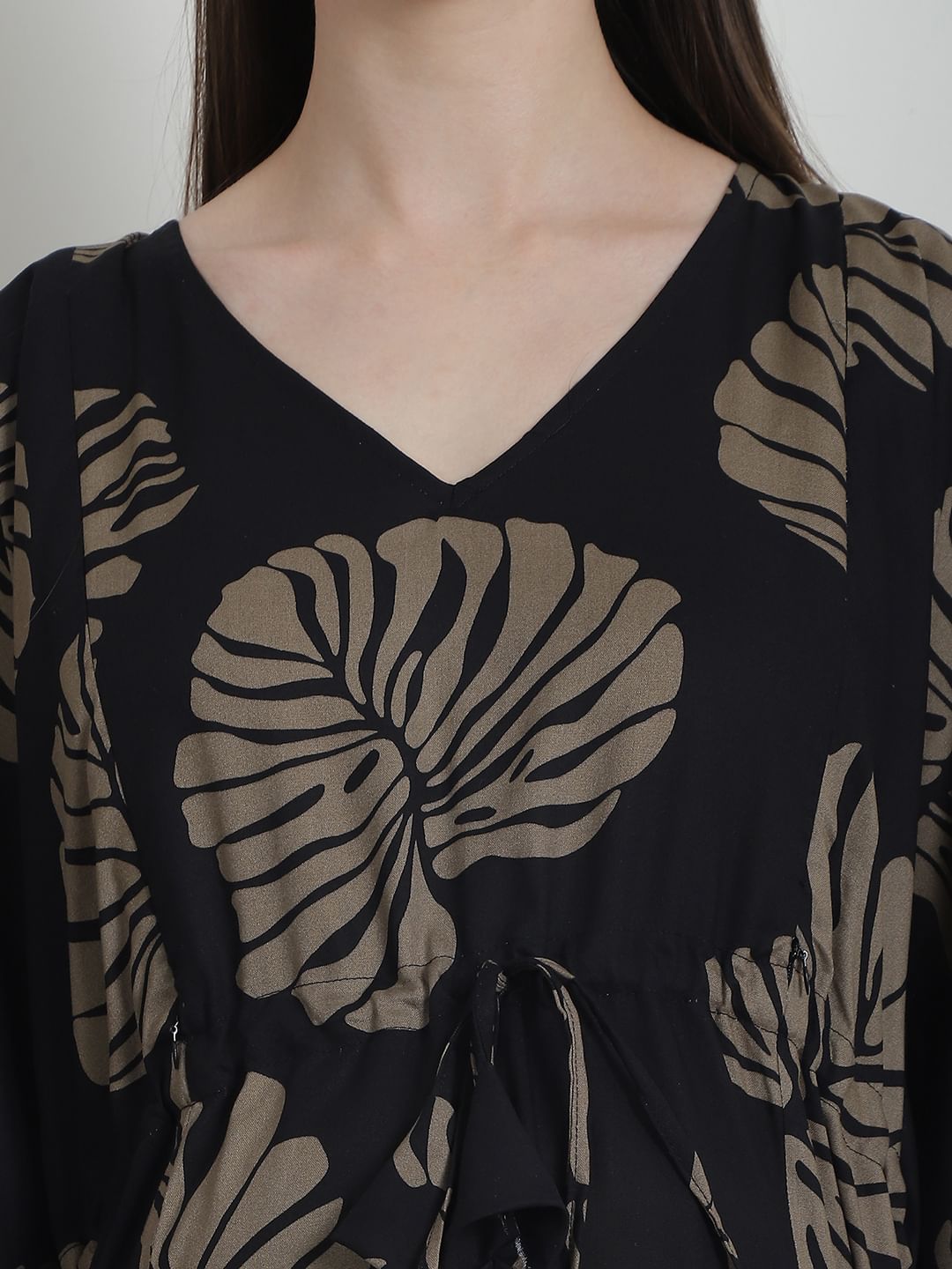 Floral Print Black Rayon Maternity Kaftan Nighty