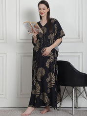 Floral Print Black Rayon Maternity Kaftan Nighty
