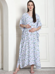 Floral Print Light Blue Rayon Maternity Kaftan