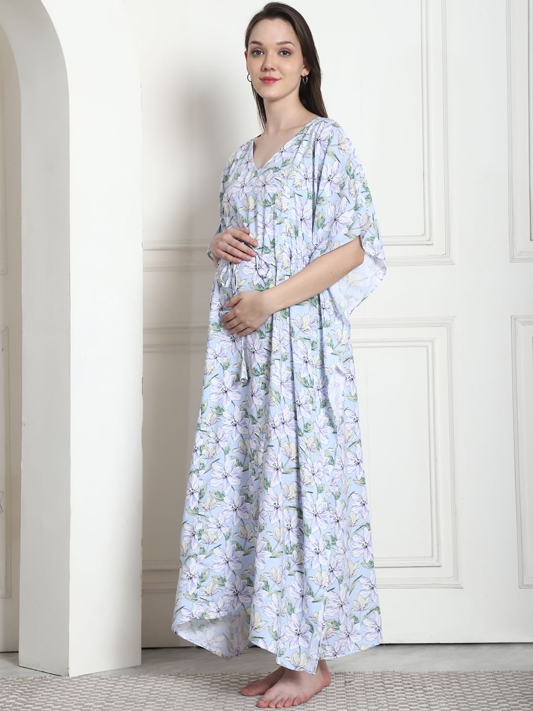 Floral Print Light Blue Rayon Maternity Kaftan
