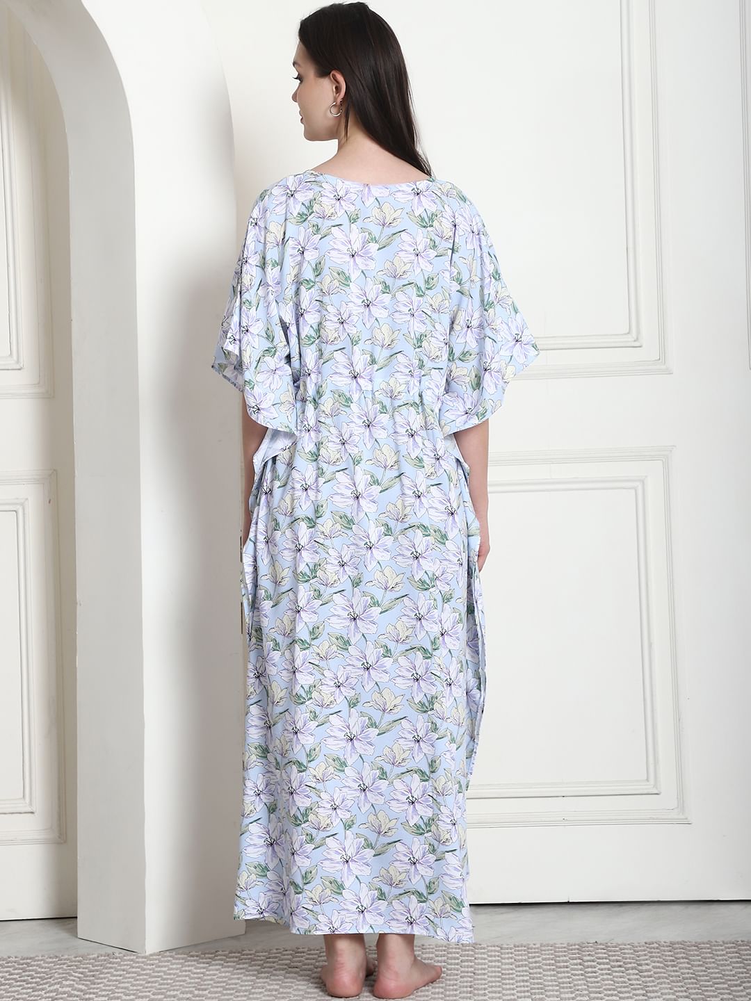 Floral Print Light Blue Rayon Maternity Kaftan