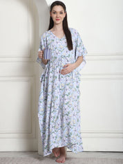 Floral Print Light Blue Rayon Maternity Kaftan