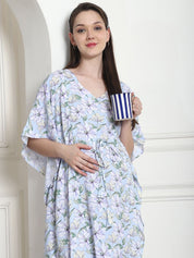 Floral Print Light Blue Rayon Maternity Kaftan
