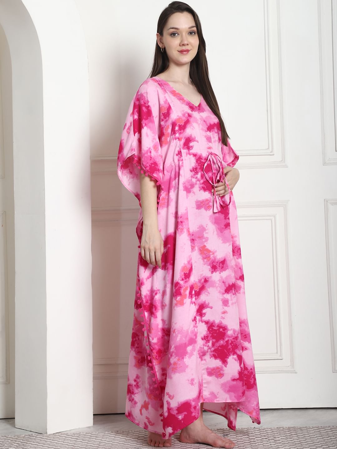 Tie & Dye Print Pink Rayon Maternity Kaftan