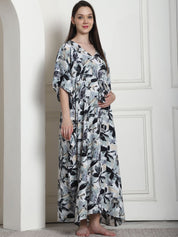 Floral Print Black Rayon Maternity Kaftan