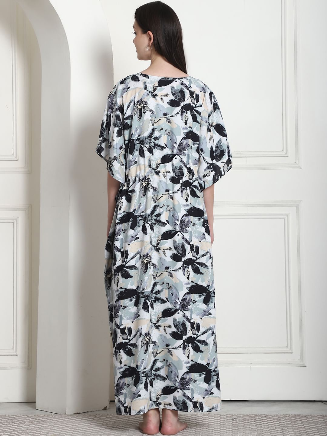 Floral Print Black Rayon Maternity Kaftan