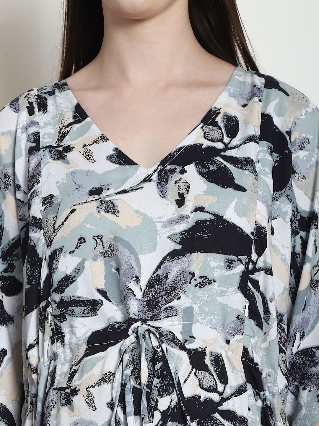 Floral Print Black Rayon Maternity Kaftan