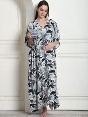 Floral Print Black Rayon Maternity Kaftan
